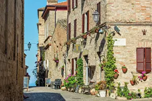 europe, Italy, The Marches. A narrow street in the beautiful hamlet of Torre di Palme near Fermo, with sea view
