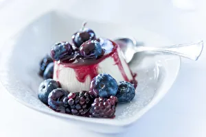 Dessert Prints: Europe, Italy. Panna cotta with berries