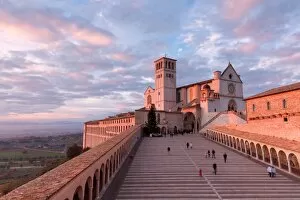 Square Gallery: Europe, Italy, Perugia distict, Assisi. The Basilica of St. Francis at sunset