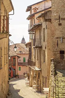 Piedmont Prints: Europe, Italy, Piedmont. A characteristic street in the ancient centre of Monforte D'Alba near to Barolo