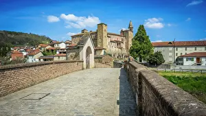 Piedmont Prints: Europe, Italy, Piedmont. The historic centre of Monastero Bormida and the old roman bridge