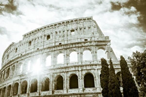 Archeological Site Gallery: Europe, Italy, Rome. The Colosseum with morning sun, black and white