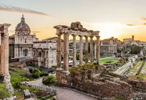 Europe, Italy, Rome. The Forum Romanum with the Saturn temple at dawn