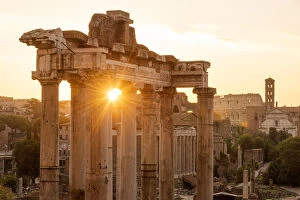 Roma Gallery: Europe, Italy, Rome. The Forum Romanum with the temple of Saturn in the rising sun