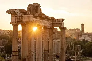 Archeologic Prints: Europe, Italy, Rome. The Forum Romanum with the temple of Saturn in the rising sun
