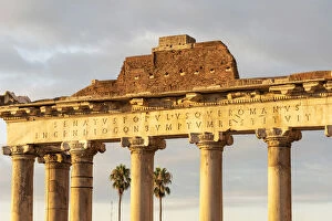 Archeological Site Gallery: Europe, Italy, Rome. The temple of Saturn in the Forum Romanum at sunrise