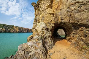 Sardinia Gallery: Europe, Italy, Sardinia. The rocky coast and the rock hole on Cala Domestica
