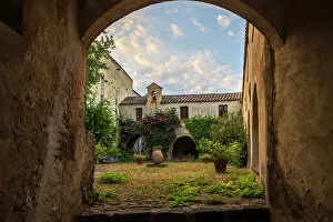 Europe, Italy, Sardinia. A view into a courtyard of Orosei
