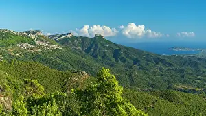 Sardegna Prints: Europe, Italy, Sardinia. View towards the village of Baunei and the coast