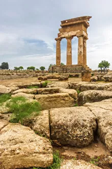 Images Dated 25th April 2019: Europe, Italy, Sicily. Agrigento, the re-assembled remains of the temple of the Dioscuri