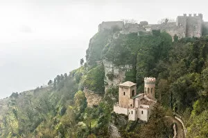 Images Dated 25th April 2019: Europe, Italy, Sicily. The castle of Venus in Erice in a typical foggy morning