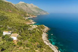 Scopello Prints: Europe, Italy, Sicily. Landscape and village in the Nature Reserve of the Zingaro