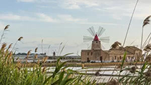 Images Dated 20th June 2022: europe, Italy, Sicily. Marsala the salt flats with the ancient wind mill