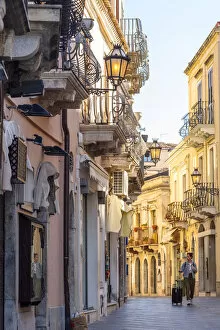 Images Dated 25th April 2019: Europe, Italy, Sicily. A street scene in Taormina
