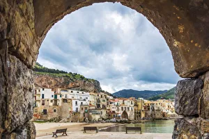 Europe, Italy, Sicily. A view towards the little harbor of Cefalu