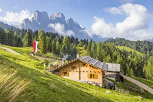 Europe, Italy, South Tyrol, Bolzano. Alpin chalet in Funes valley during summer. Funes