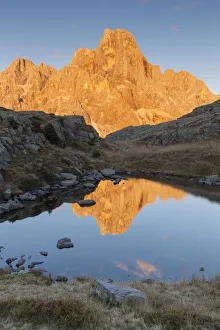 Europe, Italy, Trentino, Rolle pass. Cimon della Pala reflected in the lakes of Cavallazza