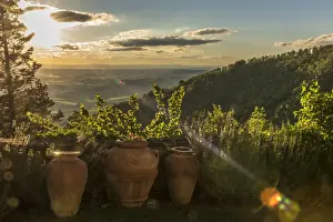 Pots Prints: europe, Italy, Tuscany. ancient terracotta amphorae at sunset