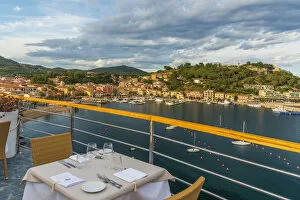 Europe, Italy, Tuscany, Elba Island, view over the port of Porto Azzurro from the Hotel