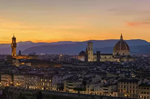 Images Dated 21st June 2017: Europe, Italy, Tuscany, Florence, Palazzo Vecchio and Santa Maria del Fiore at Dusk