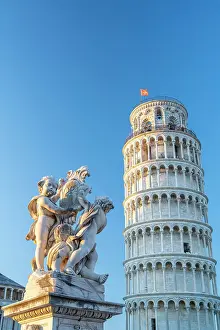 europe, Italy, Tuscany, Pisa. Piazza dei Miracoli with the leaning tower and the sculpture of angels
