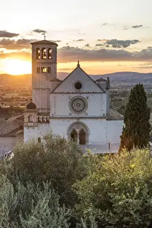 Europe, Italy, Umbria, Assisi. Sunset at the Basilica of Saint Francis of Assisi