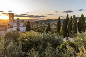 Saint Francis Prints: Europe, Italy, Umbria, Assisi. Sunset at the Basilica of Saint Francis of Assisi