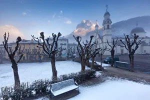 Main Street Prints: Europe, Italy, Veneto, Belluno. The center of Agordo with the church and the mount