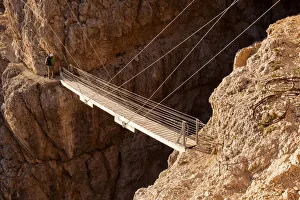 Europe, Italy, Veneto, Belluno. The suspended bridge with steel cables along
