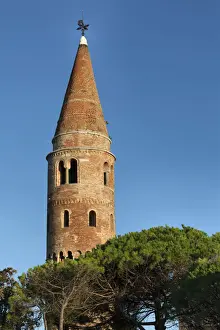 Europe, Italy, Veneto, Caorle. The cylindrical bell tower of the cathedral of St. Stephen