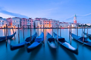 City Lights Prints: Europe, Italy, Veneto, Venice. Gondolas at dusk