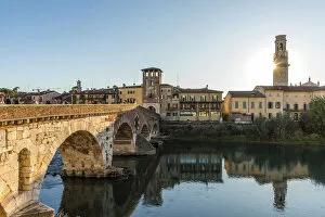 europe, Italy, Veneto. Verona, view over the Adige River towards the cathedral
