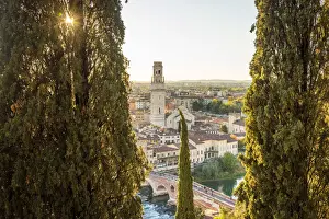 europe, Italy, Veneto. Verona, view over the town at sunset from castle san Pietro