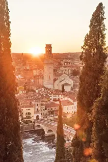 europe, Italy, Veneto. Verona, view over the town at sunset from castle san Pietro
