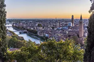 europe, Italy, Veneto. Verona, view over the town at sunset from castle san Pietro