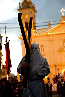 Drama Prints: Europe, Malta, Qormi; A caped cross bearer walking barefoot during the Good Friday Processions