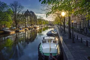 Europe, Netherlands, Amsterdam, city centre, sunset through Spring trees illuminating a