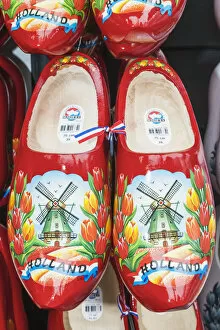 Images Dated 26th May 2017: Europe, Netherlands, Amsterdam, Souvenir Shop Display of Colourful Wooden Clogs