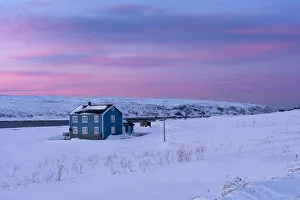Finnmark Prints: Europe, Norway, Finnmark, Kongsfjord, Veidnes, Blue house at sunset