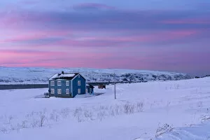 Adventure Gallery: Europe, Norway, Finnmark, Kongsfjord, Veidnes, Blue house at sunset