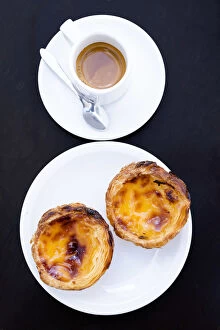 Images Dated 15th July 2016: Europe, Portugal, Lisbon, Pastel de Belem and coffee - Portuguese custard tarts