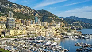 Europe, Principality of Monaco. The harbour of Monte Carlo and the skyline of Monaco