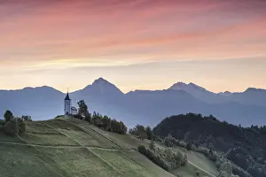Upper Carniola Prints: Europe, Slovenia. Church of St Primus and Felician in Jamnik in the early morning