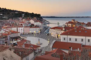 Europe, Slovenia, Istria, Piran. View on Tartini Square and the city center at dusk
