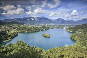 Upper Carniola Prints: Europe, Slovenia. Overhead view on the lake of Bled