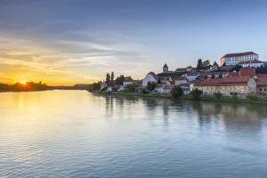 Styria Prints: Europe, Slovenia, Styria, Ptuj. Sunset on the Drava river near Ptuj old city