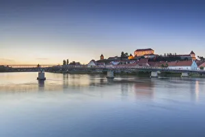 Styria Prints: Europe, Slovenia, Styria, Ptuj. The old city with the caslte and the footbridge
