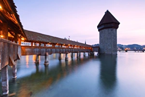 Luzern Prints: Europe, Switzerland, Lucerne. Bridge at dusk