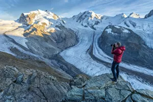 Images Dated 5th November 2019: Europe; Switzerland; Valais; Zermatt; Monte Rosa and Gorner glacier with photographer
