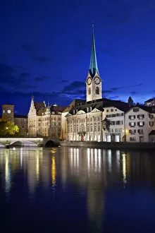 Images Dated 25th November 2013: Europe, Switzerland, Zurich, a night time view of the clocktower of Fraumunster cathedral